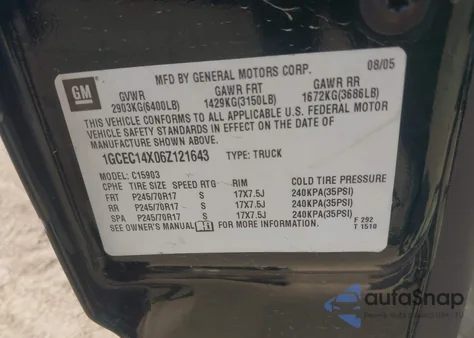 2006 Chevrolet Silverado 1500 Work Truck из США, поврежденный, VIN 1GCEC14X06Z121643